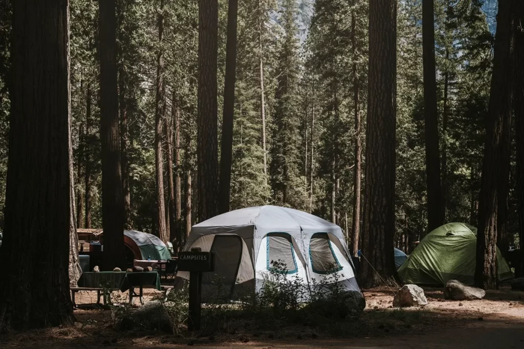 Barracas de camping montadas em meio a uma floresta com árvores altas, proporcionando um ambiente natural e tranquilo.