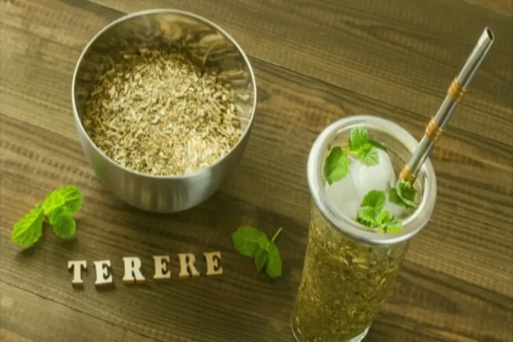 Copo de tereré com erva-mate, gelo e hortelã em Bonito MS.