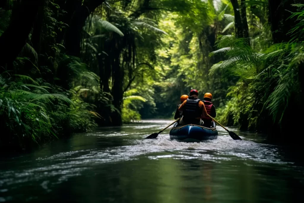 Grupo de pessoas remando em bote inflável por rio cercado de floresta tropical densa