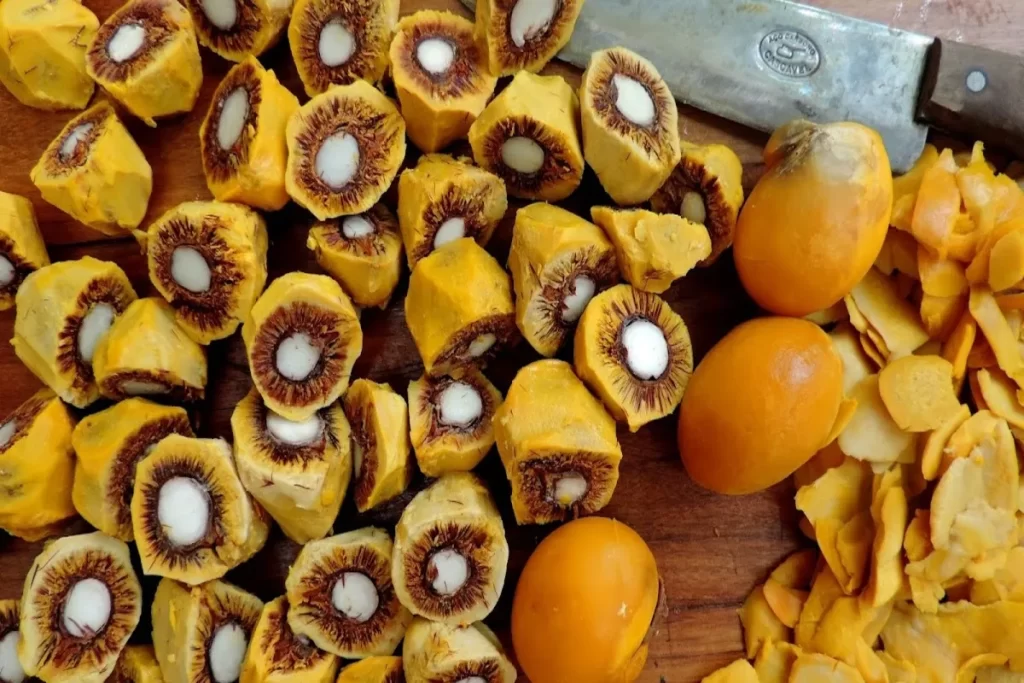 Pequi cortado ao meio, mostrando a polpa amarela e o caroço branco, ao lado de outros frutos e uma faca sobre uma tábua de madeira.