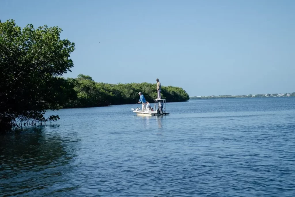 Pescadores em barco pequeno no Pantanal rodeado por mata e céu azul.