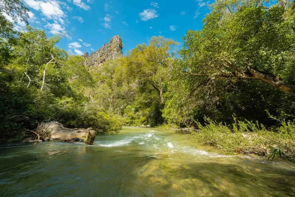 Paisagem natural com rio de águas transparentes cercado por mata verde e formações rochosas na Serra da Bodoquena, MS