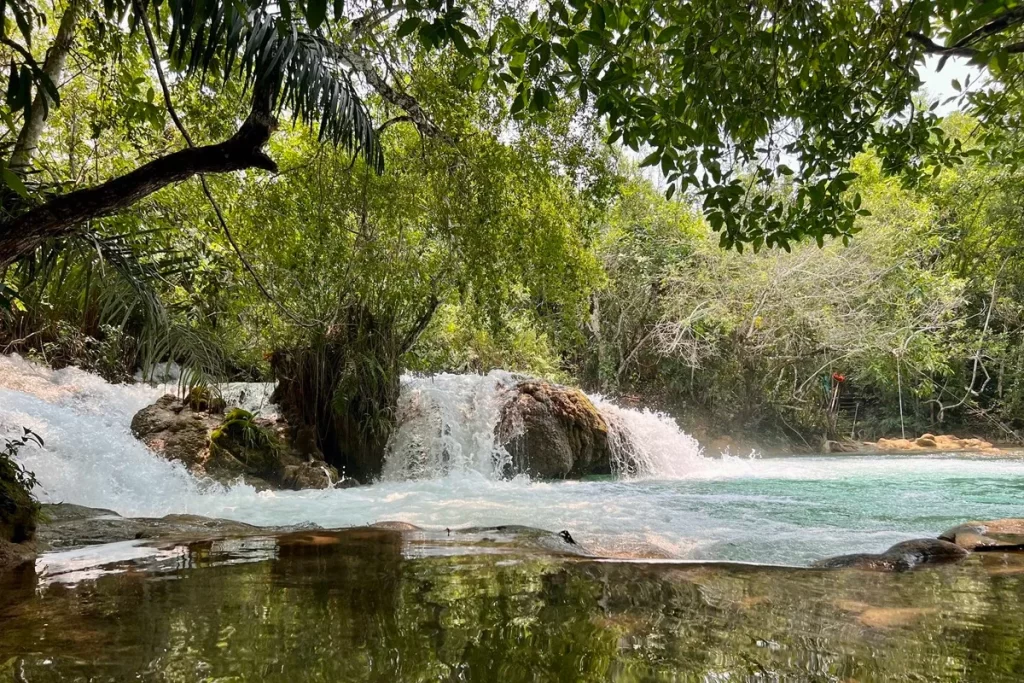Pequena cachoeira de águas cristalinas caindo sobre rochas, rodeada por vegetação nativa e árvores, com espelho d’água tranquilo em primeiro plano
