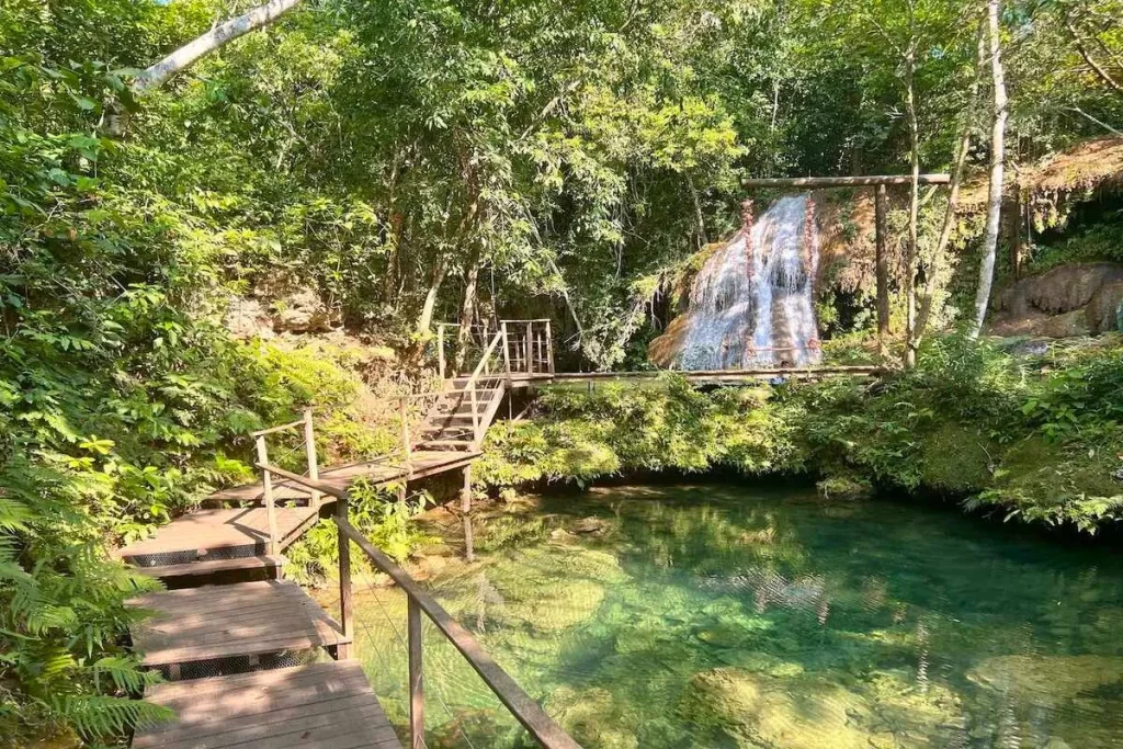 Uma cachoeira e uma piscina natural de águas cristalinas, cercadas por uma floresta densa e verde. A imagem destaca a beleza da natureza, uma das principais características do Pantanal.