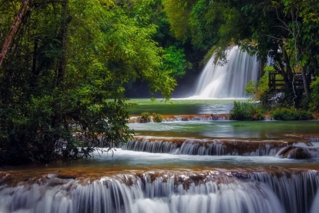 Cachoeira de águas cristalinas em Bonito, Mato Grosso do Sul, cercada por mata verde densa, simbolizando turismo sustentável e preservação ambiental.