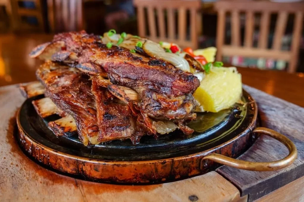 Costela de boi assada e servida em uma chapa de ferro quente, com abacaxi e cebola grelhados como acompanhamento. O prato está sobre uma mesa de madeira em um restaurante.
